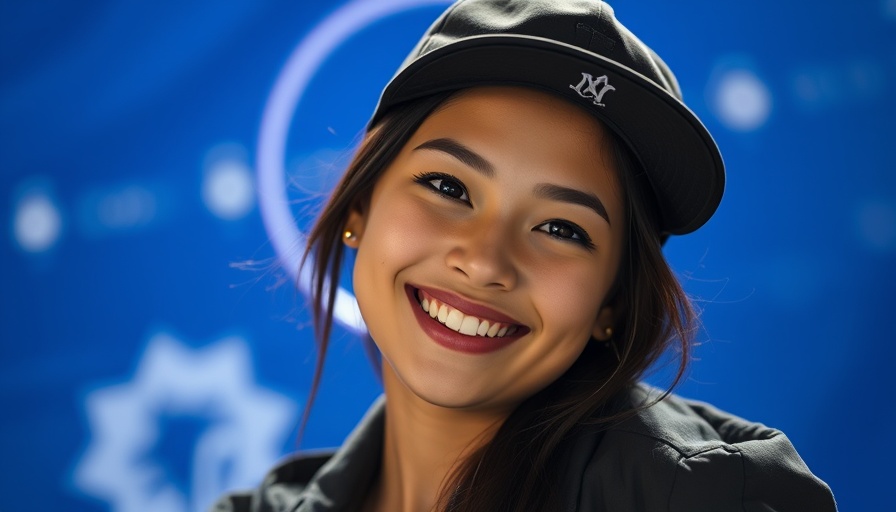 Confident young woman in black cap at A.I. Jobs in Film event backdrop.