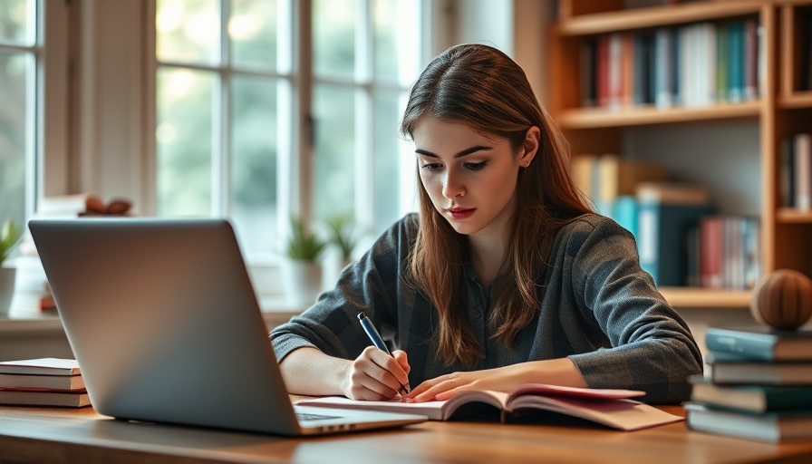 Young woman writing with laptop and books in cozy study area.