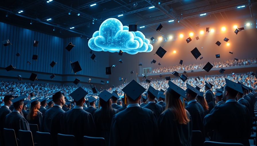 Digital cloud with circuitry over graduates in ceremony, AI job market impact.
