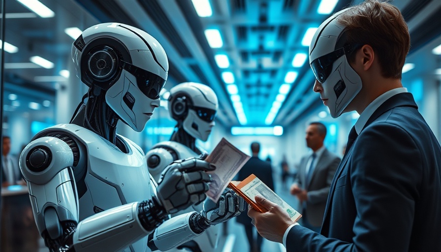 Futuristic scene with robots trading money, AI resistant careers over 100K.