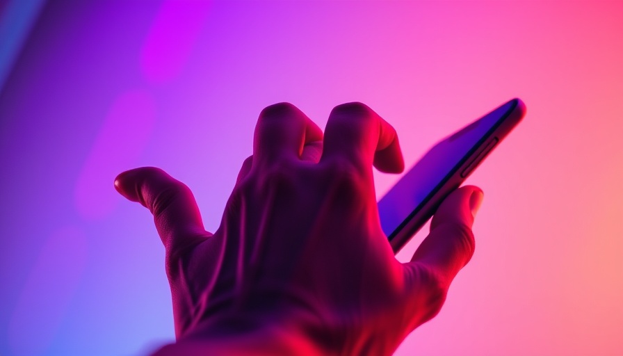 Hand using smartphone with vibrant neon lighting, use AI to network.