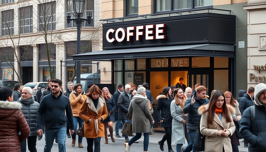 Busy city street in front of a modern coffee shop