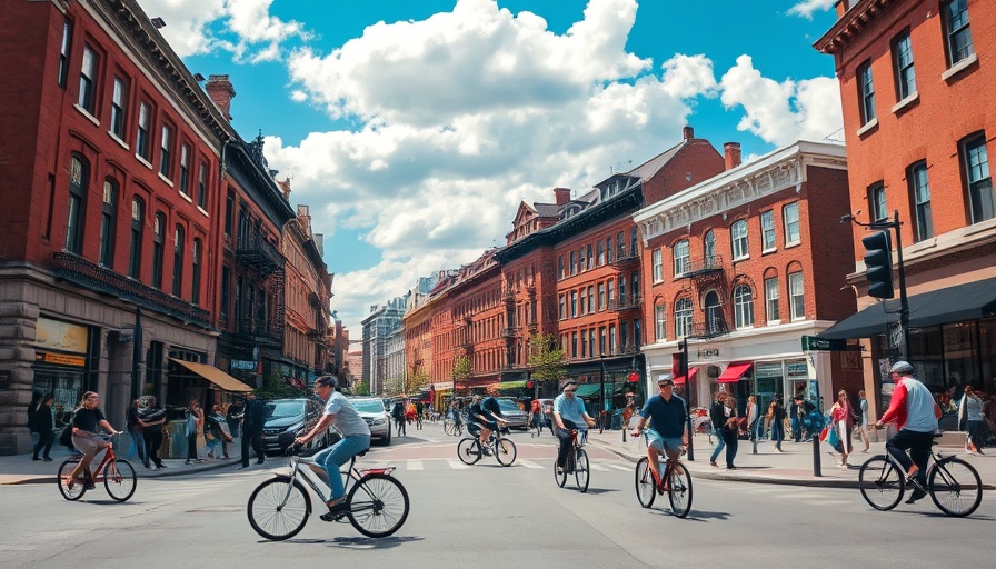 Urban street scene with bikers and pedestrians near historic buildings.
