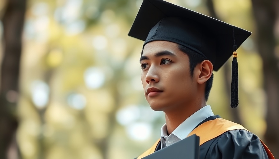 Young graduate sitting on bench looking pensive in academic gown.