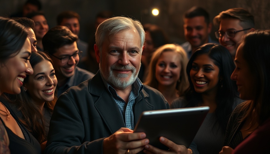 Group with a man displaying a tablet in a dark setting, discussing AI-Assisted Writing Tools.