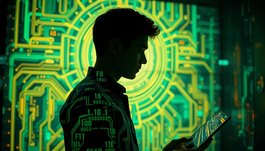 Futuristic scene of digital interaction with tech patterns.