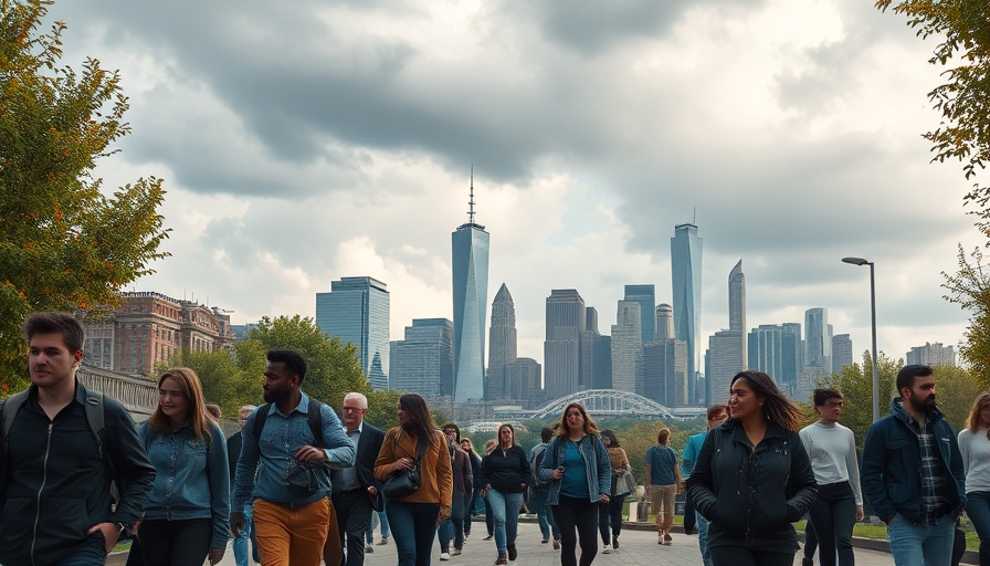 Diverse group in park with city skyline, AI Impact on Job Vacancies.