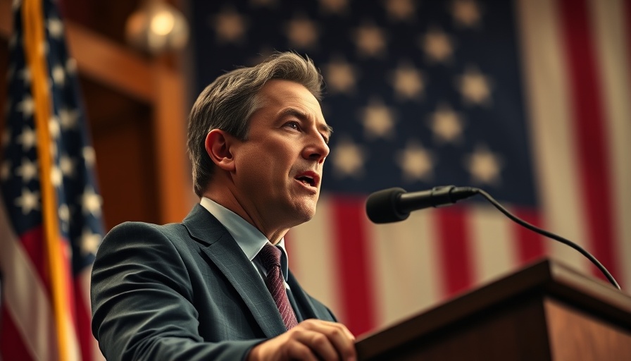 Confident man speaking at podium with American flag.