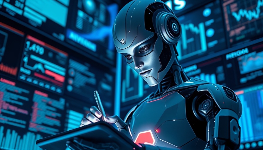 Futuristic robot writing on screen, illustrating AI in text creation.
