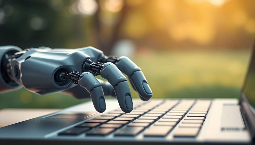 Robotic hand typing on keyboard, serene background, AI writing detection concept.