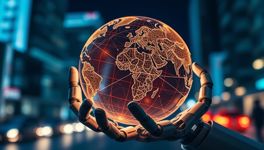 Digital globe held by robotic hands representing AI for development.