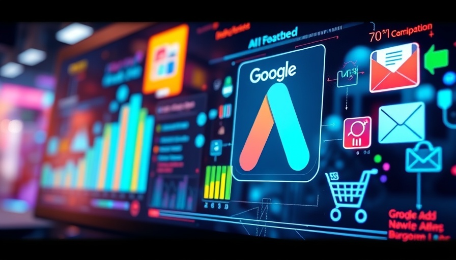 AI-powered Google Ads interface with colorful digital icons.