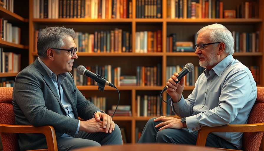 Two speakers discussing AI economic impact in a podcast setting.