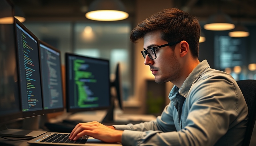 AI job postings rising fast: Young man coding on laptop in modern office.