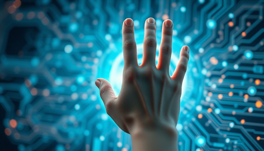 Evolution of AI coding tools depicted by a hand interacting with digital circuits.