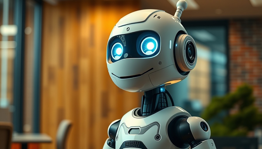 Friendly humanoid robot showcasing Master AI Tools in modern office.