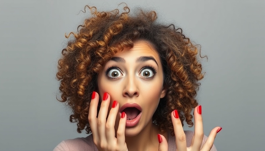 Surprised woman with curly hair and red nails expressing shock.