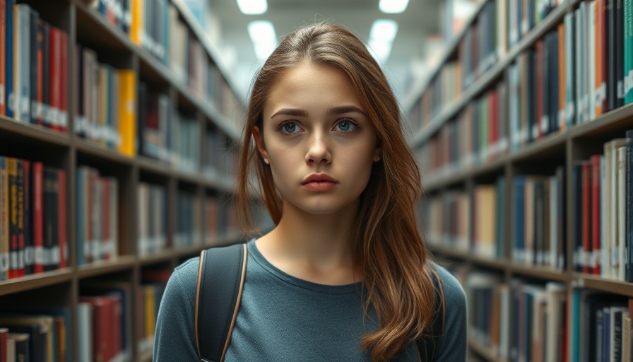 Concerned woman in library reflecting on AI's impact on tech jobs.