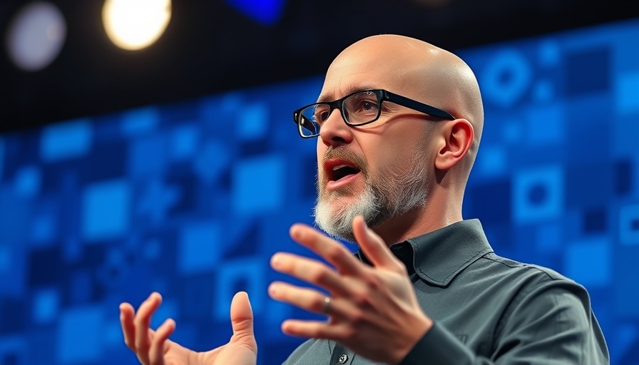 Speaker discusses AI replacing jobs on stage with digital backdrop.