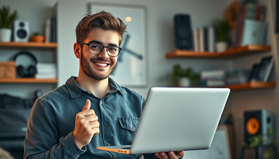 Young man showcasing AI tool for writing books in a cozy home office.