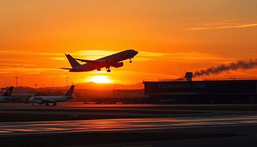 Airplane silhouette against vibrant sunset sky at airport.