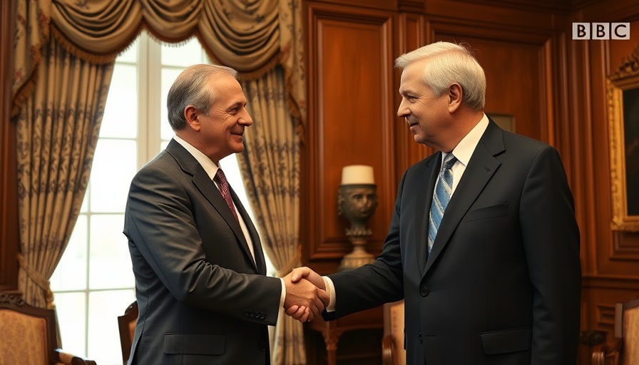 World news today: Two men in suits shaking hands in ornate room.