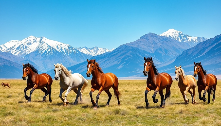 Wild horses running with Andes mountains in background, alternative travel destination.