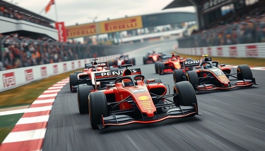 F1 race cars in motion during a race, dynamic scene.