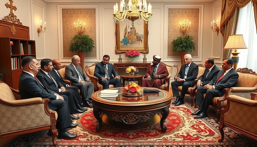 Lavish diplomatic meeting room with suited and traditionally dressed men.