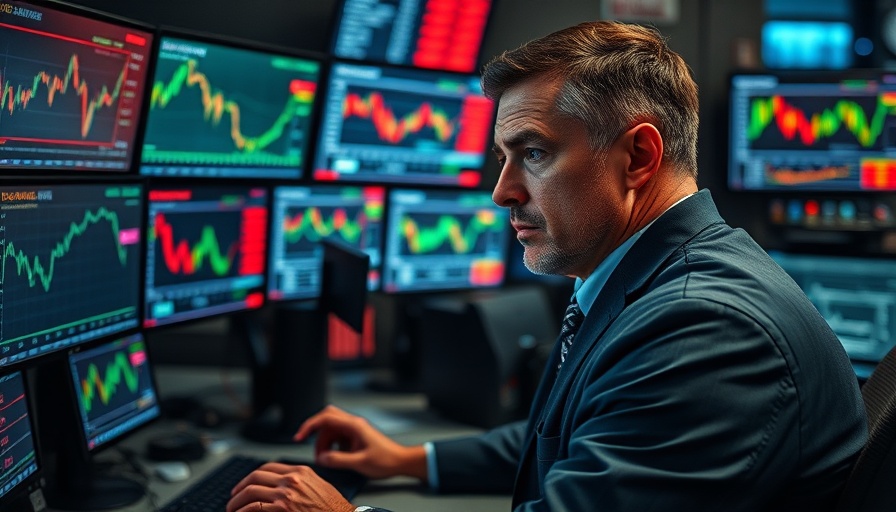 Concerned stockbroker analyzing US stock market volatility on screens.