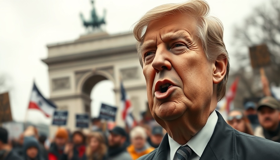 Satirical caricature in a protest scene with blurred monument backdrop.