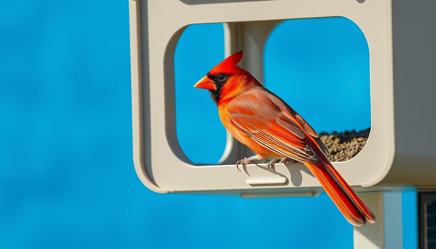 Smart bird feeder with camera and solar panel showing Northern Cardinal.