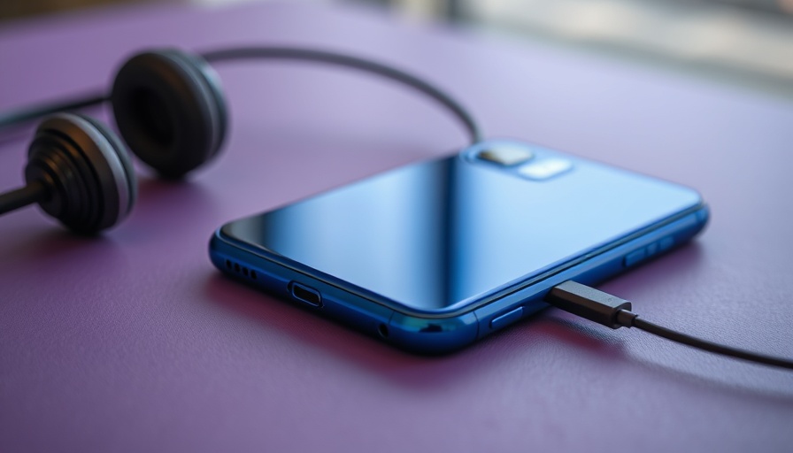 Best smartphones with headphone jack; blue phone with headphones on purple surface.