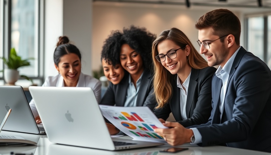 Business team collaborating on AI-driven brand management strategy.