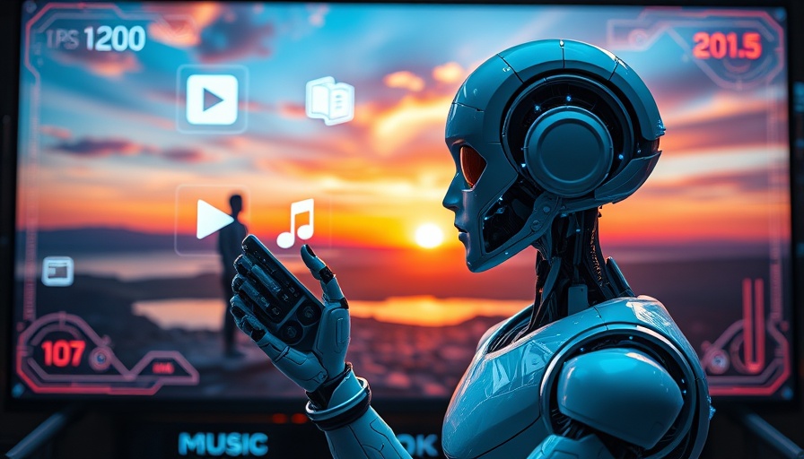 Futuristic AI in entertainment scene with digital icons and sunset.