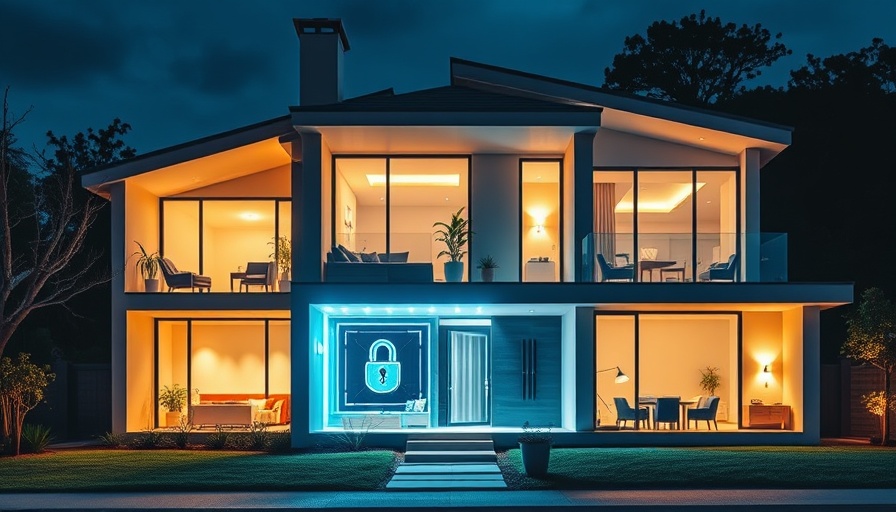 Smart home with security features highlighted in glowing overlay.