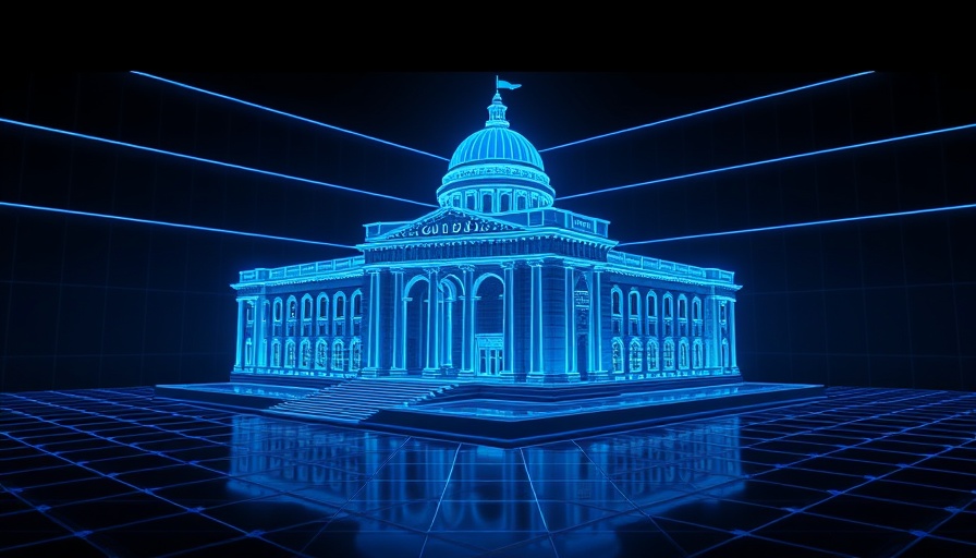 Futuristic wireframe of government building in virtual space for AI tool for SMBs government contracts.