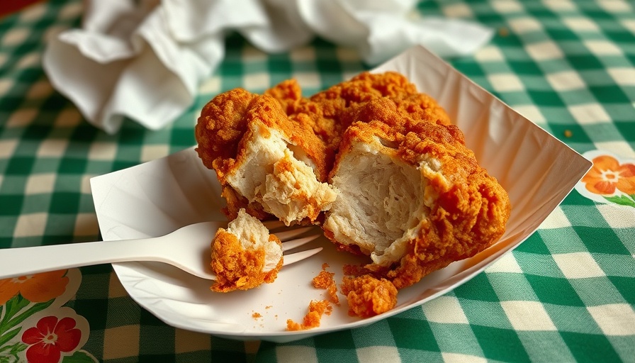 Partially eaten fried chicken on a plate with fork on checkered tablecloth.