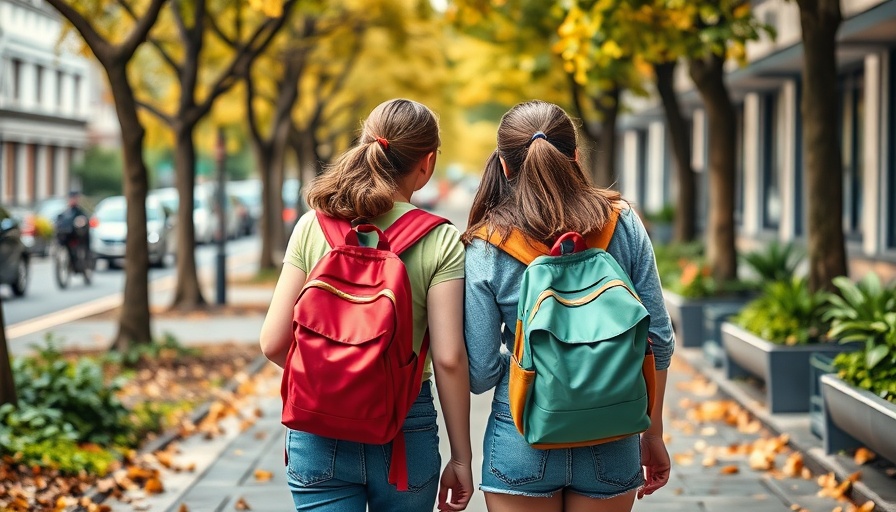 Two girls with colorful backpacks walking on city street.