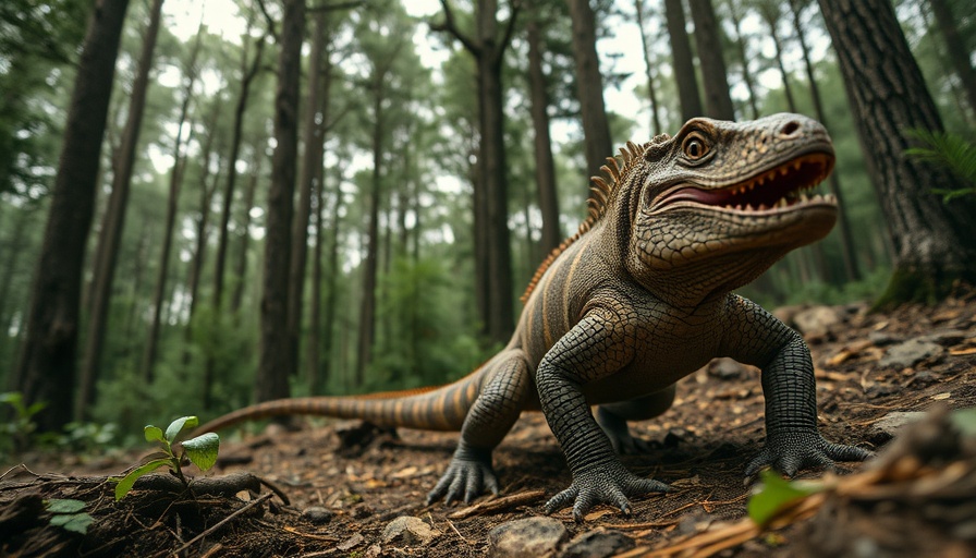 Prehistoric reptile exploring ancient forest terrain.