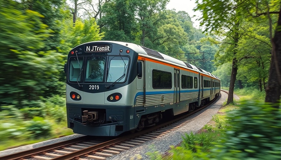 NJ Transit train moving through greenery with soft light.