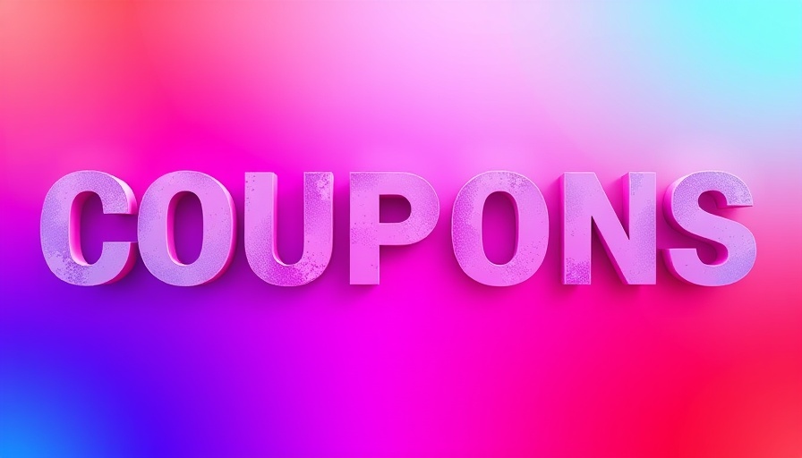 Vibrant COUPONS text with colorful gradient background.