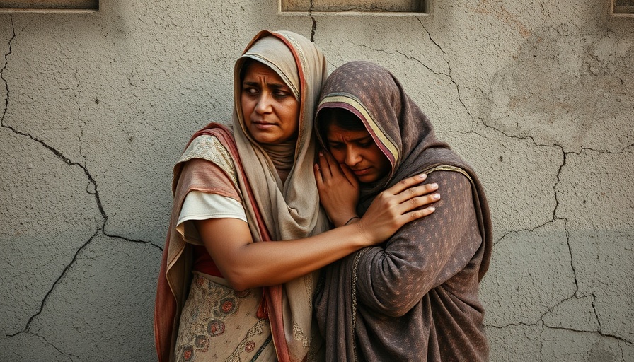 Sorrowful women embracing near Line of Control India Pakistan.