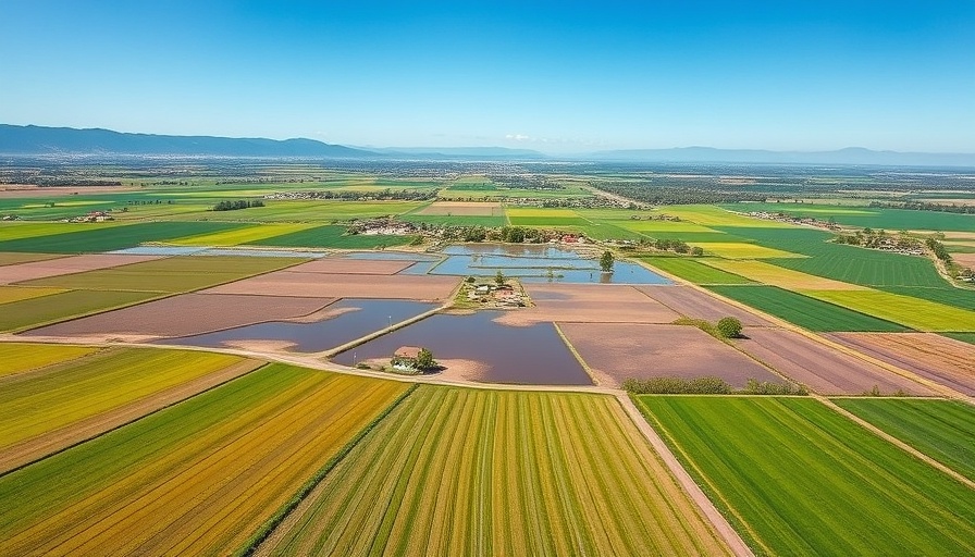 Expansive aerial view of agricultural landscape with flooded field and mountains.