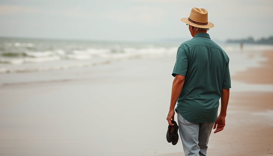 Elderly couple walking closely on serene beach.