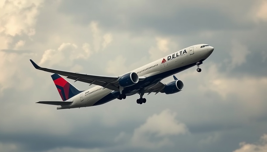 Delta Air Lines jet in flight amid cloudy sky.
