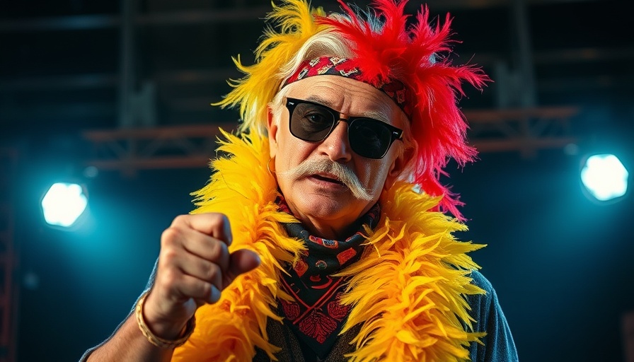 Vibrant performer in colorful feather boa striking a pose.