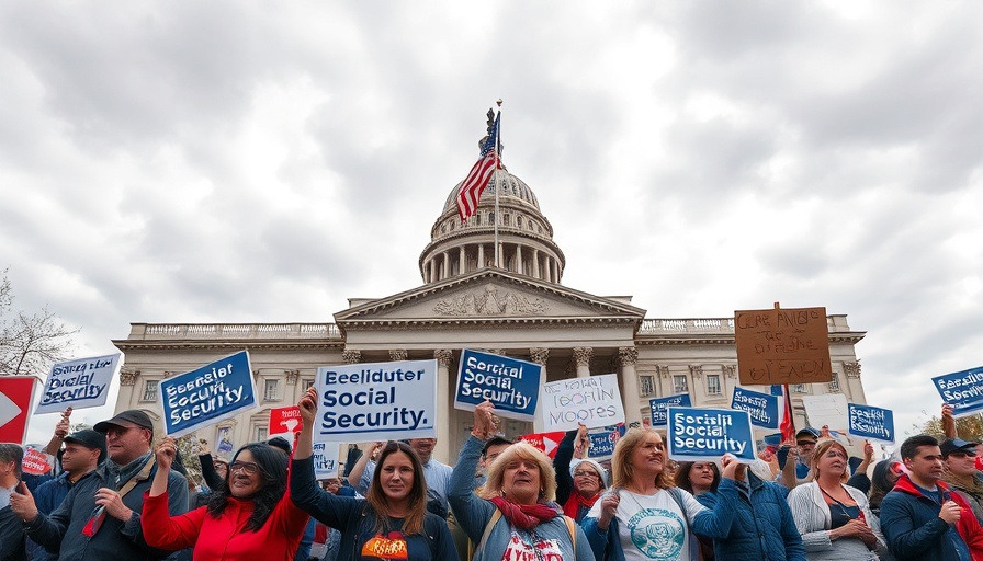 Protestors advocating Social Security protection in front of government building.