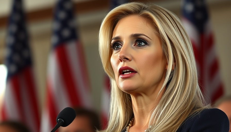 Confident woman speaking at an event with American flags in background.