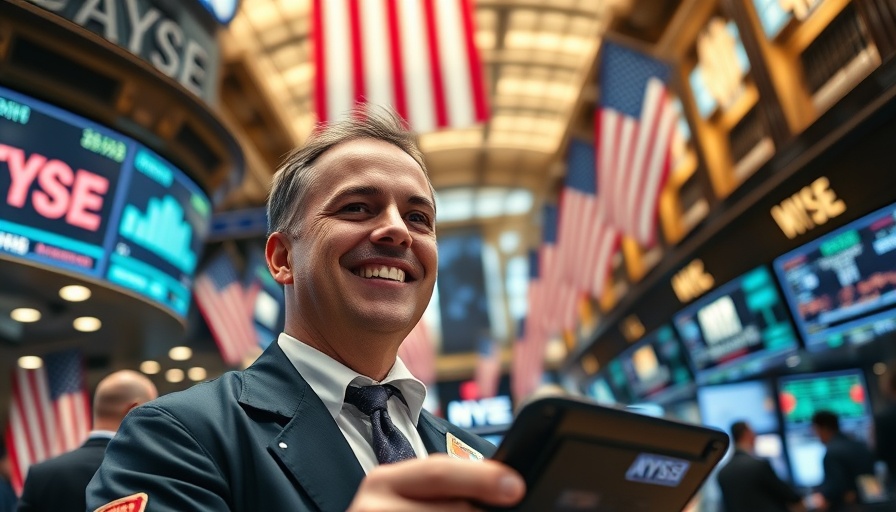 Trader on US stock exchange floor smiling with American flags and screens.